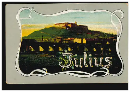 Ansichtskarte Vornamen: Julius, Landschaft mit Brücke und Burg, ungebraucht