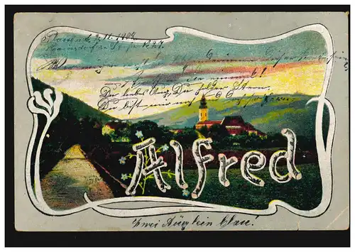 Carte Visual Prénoms: Alfred, Paysage avec église, couru 3.11.1904