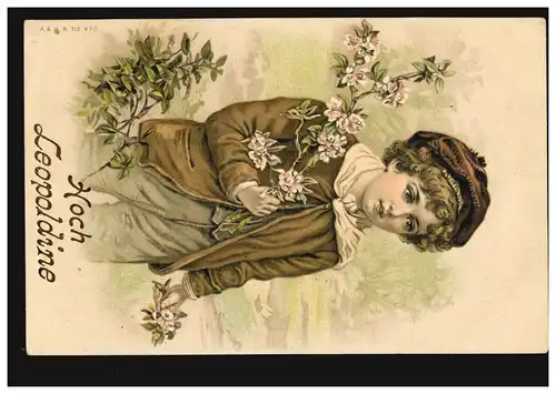 Carte postale Prénoms: Hof Léopoldine! Garçon avec branche de fleurs, VIENNE 14.11.1906