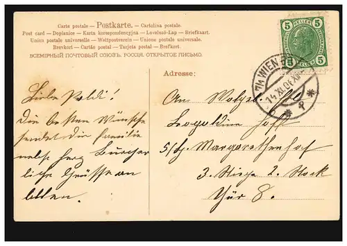 Carte postale Prénoms: Hof Léopoldine! Garçon avec branche de fleurs, VIENNE 14.11.1906