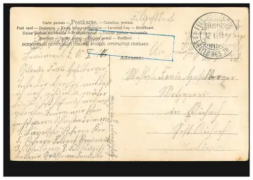 Carte postale Prénoms: Emilienne, branche avec belle-mère, poste de champ 12.1.1915