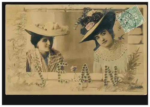 Ansichtskarte Vornamen: Jean, Zwei Frauen mit Hüten, gelaufen 1908