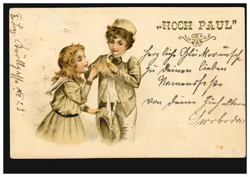 Ansichtskarte Vornamen: Hoch Paul! Kinder mit Vogel, WIEN 29.6.1913 
