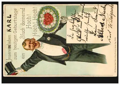 Ansichtskarte Vornamen: Karl, Mann gratuliert mit Blumen, BERLIN 39 - 10.9.1902