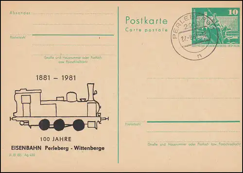 DDR P 79 100 ans de chemin de fer Perleberg-Wittenberge 1981, PERLEBERG 27.9.919.81