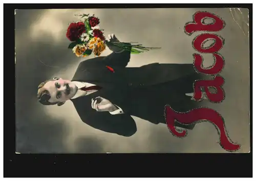 Ansichtskarte Vornamen: Jacob, Mann mit Blumen, DÜSSELDORF 12.7.1912
