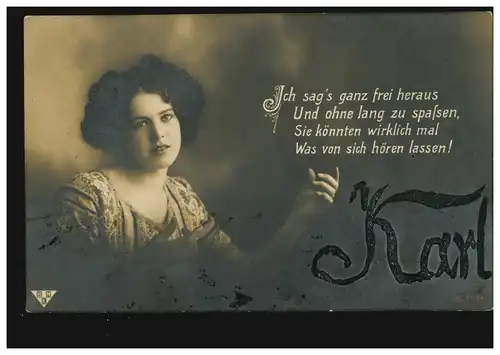Carte postale Prénoms: Karl, femme attendante avec proverbe, poste de terrain 8.4.1916
