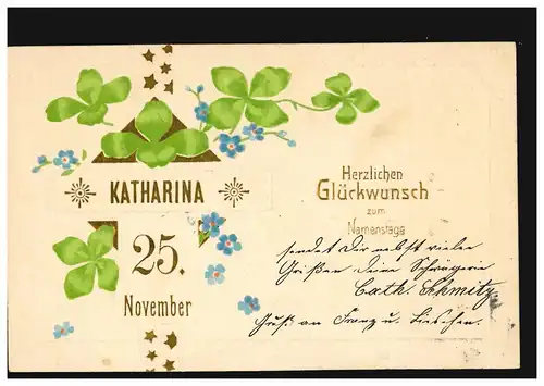Ansichtskarte Vornamen: Katharina 25. November, Glücksklee, CÖLN 1904