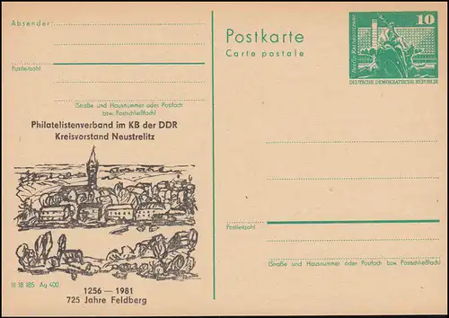 DDR P 79 Direction de district Neustelitz 725 ans Feldberg 1981, **
