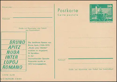 DDR P 79 Bruno Apitz / Esperanto 1980, **