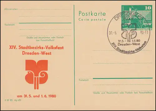 DDR P 79 Stadtbezirks-Volksfest Dresden-West 1980, SSt DRESDEN Emblem 31.5.1980