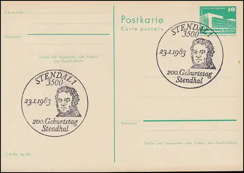 SSt 200. Geburtstag Stendhal STENDAL 23.11.1983 auf DDR-Postkarte P 84