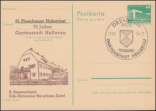 DDR P 84 Pieschener Hafenfest und Gartenstadt Hellerau 1984, SSt DRESDEN 17.6.84