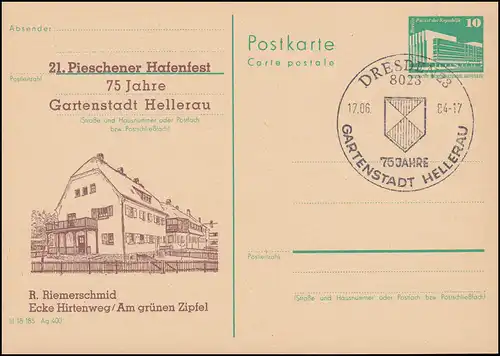 DDR P 84 Pieschener Portfest und Gartenstadt Hellerau 1984, SSt DRESDEN 17.6.84