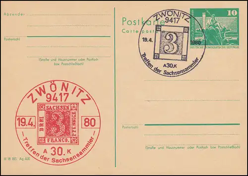 DDR P 79 Treffen der Sachsensammler Zwönitz 1980, SSt ZWÖNITZ Sachsendreier 1980