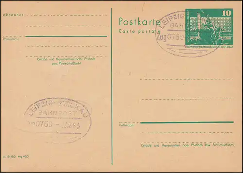 Poste ferroviaire LEIPZIG-ZWICKAU ZUG 0760 - 28.2.83 sur carte postale DDR P 79