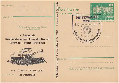 DDR P 79 Ausstellung 1982, Mähdrescher, SSt PRITZWALK Briefmarke 3.10.1982