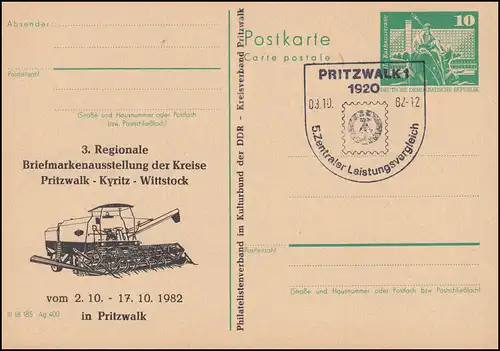 DDR P 79 Exposition 1982, moissonneuses-batteuses, SSt PRITZWALK timbre 3.10.1982