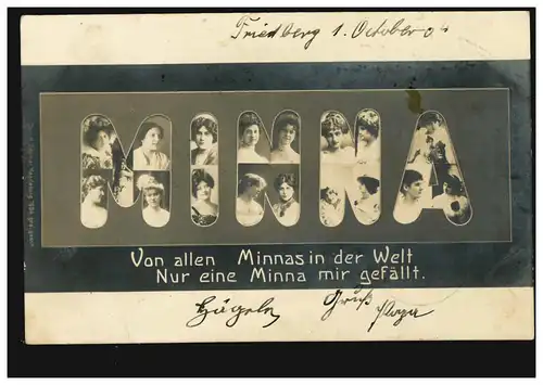 Ansichtskarte Vornamen: Minna, Frauenbilder formen Namen, FRIEDBERG 1.10.1904