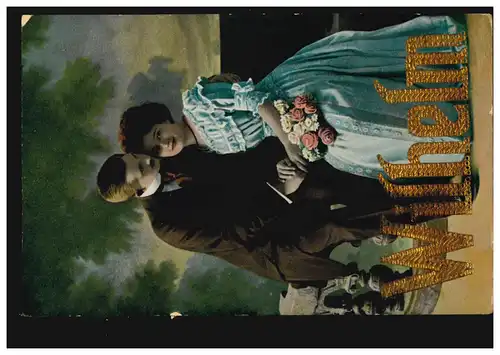 Carte postale Prénoms: Wilhelm, couple d'amoureux de roses, MUNICH vers 1915