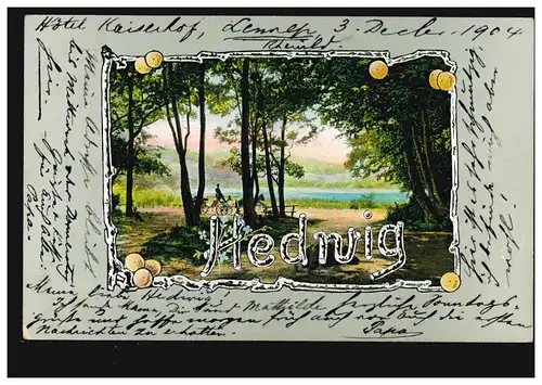 Carte postale Prénoms: Hedwig, Paysage forestier avec lac, poste ferroviaire KÖLN-REMSCHEID