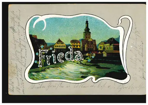 Carte postale Prénoms: Frieda, image de la ville avec église, ISNY 29.10.1906