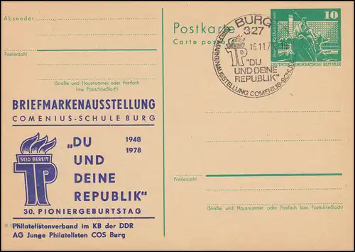 DDR P 79 Ausstellung Junge Pioniere Burg 1978, SSt BURG JP-Emblem 16.11.1978