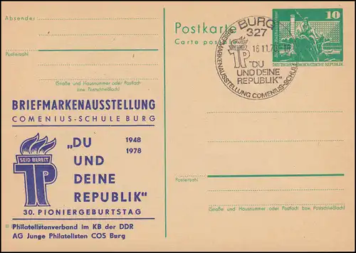 DDR P 79 Ausstellung Junge Pioniere Burg 1978, SSt BURG JP-Logo 16.11.78