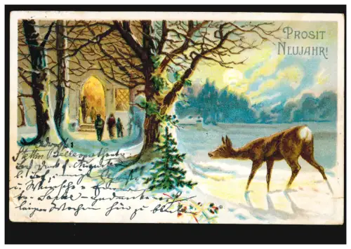 Ansichtskarte Prosit Neujahr Winterlandschaft Kirche und Reh, STETTIN 27.12.1904