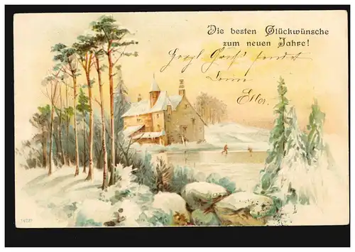 Ansichtskarte Neujahr Winterlandschaft mit Schlittschuhläufern STEGLITZ 6.1.1901