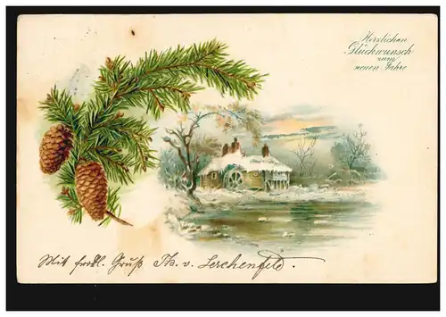 Ansichtskarte Neujahr Winterlandschaft mit Wassermühle, MÜNCHEN 31.12.1902