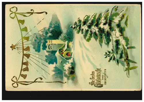 Carte de vue Nouvel An Paysage hivernal avec maison et cloches, NIEDERODERWITZ 1915