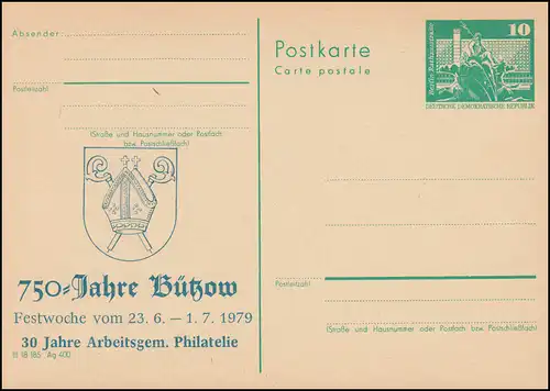DDR P 79 Semaine Festive 750 ans Bützow armoiries 1979 bleu, **
