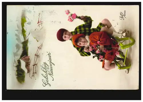 Niederlande Ansichtskarte Neujahr Kinder auf Schlitten bringen Rosen, 31.12.1926