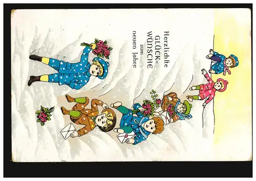 Ansichtskarte Neujahr Kinder bringen Blumen und Glückwünsche, 31.12.1913