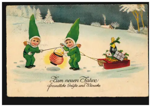 Ansichtskarte Neujahr Zwerge mit Laterne Schlitten, SSt. JOHANNGEORGENSATDT 1930