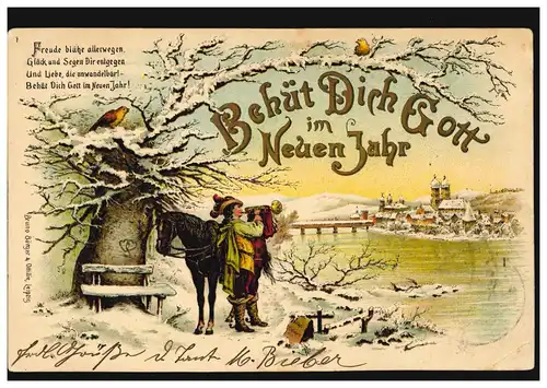 Ansichtskarte Neujahr Trompeter neben Pferd im Winter, HANNOVER 30.12.1900
