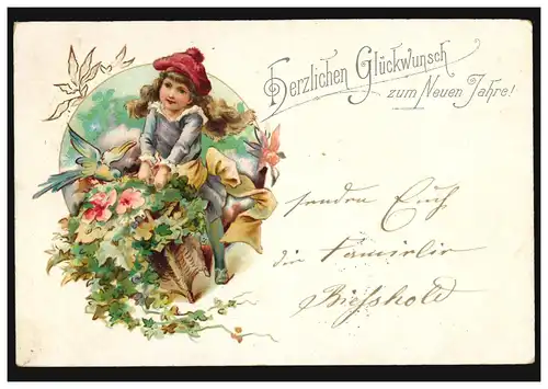 Carte de l'année Nouvelle Fille avec beaucoup de fleurs et d'oiseau, DEUBEN 1.1.192