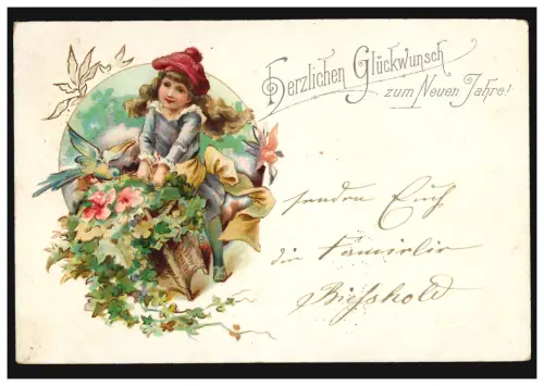 Carte de l'année Nouvelle Fille avec beaucoup de fleurs et d'oiseau, DEUBEN 1.1.192