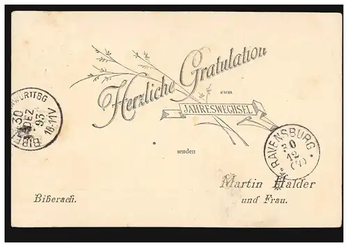 Ansichtskarte Neujahr Glückwünsche zum Jahreswechel Martin Halder BIBERACH 1895