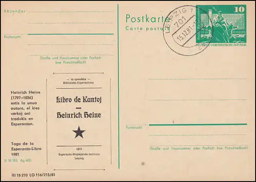 DDR P 79 ESPERANTO Libro de Kantoj Heinrich Heine 1981, LEIPZIG 15.12.81