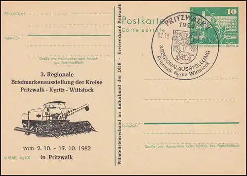 DDR P 79 Ausstellung 1982, Mähdrescher, SSt PRITZWALK Wappen 2.10.1982