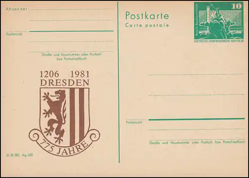 DDR P 79 Jubiläum 775 Jahre Dresden Wappen 1206-1981, **