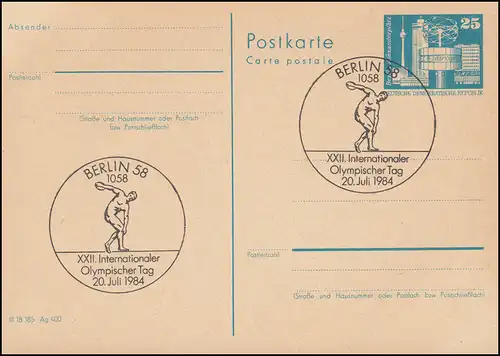 Tampon spécial Journée olympique Lanceur de Discussion 20.7.1984 sur carte postale DDR P 80