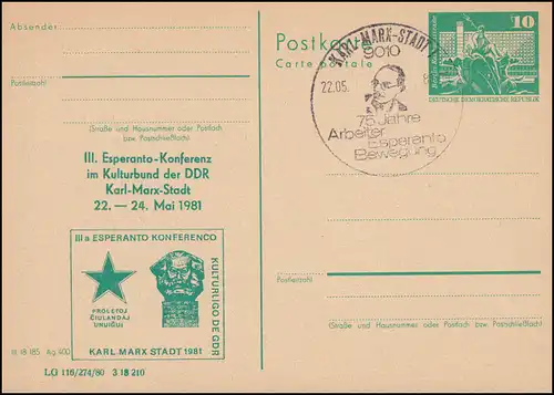 DDR P 79 Conférence ESPERANTO Karl-Marx-Ville 1981, SSt KARL-MARX-STADT 22.5.81