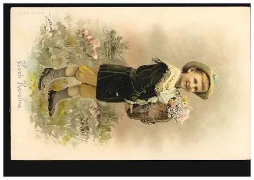 Carte Visual Prénoms: Haute Caroline! Enfant avec vase floral, WIENNE 1908