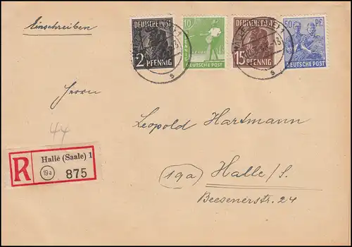 943+946+948+955 Kontrollrat II auf Orts-R-Brief HALLE / SAALE 1 s 10.3.1948