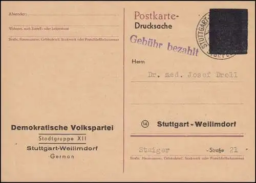 Gebühr-Bezahlt-Stempel auf geschwärzter Postkarte STUTTGART 20.5.1946