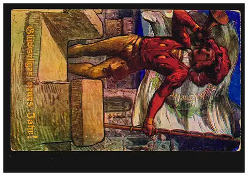 Carte de l'année Nouvel An Trompeter sur mur de la ville avec drapeau, BERLIN 1.1.2001