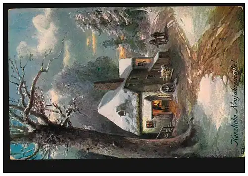 Carte de vue Nouvel An Villageidylle avec forge et cheval, MUNICH 31.12.1930